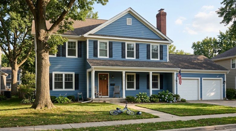 Denim blue two-story house with black shutters, wood door