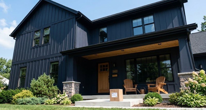 Midnight indigo modern farmhouse with black windows, wood door, and stone accents