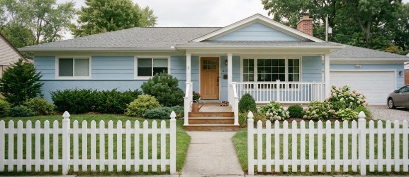 Light powder blue ranch house with white picket fence, wood door, and porch