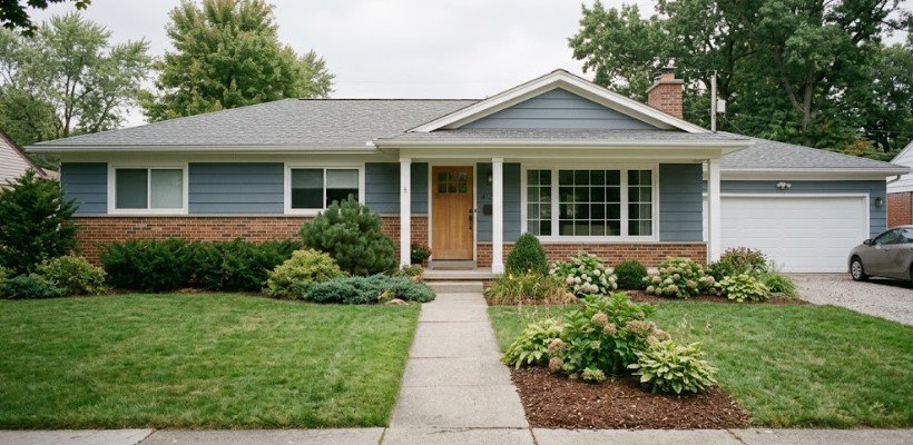 Slate blue-gray ranch house with brick, wood door, and landscaping
