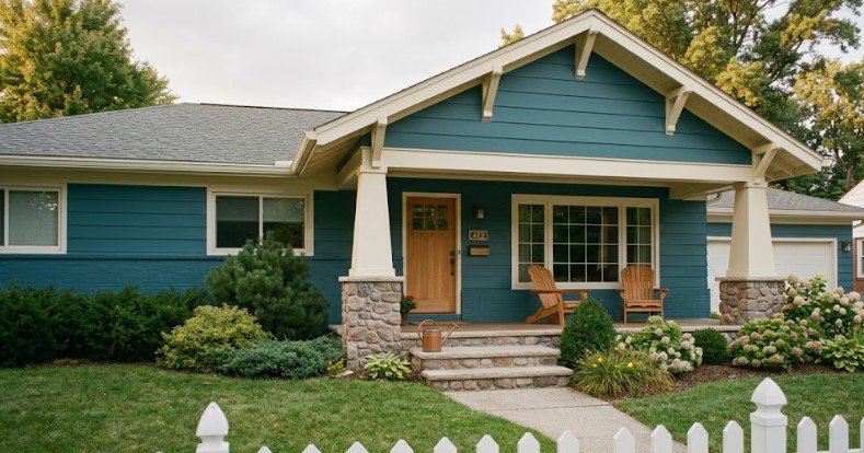 Teal blue-green craftsman house with stone columns, wood door, and Adirondack chairs