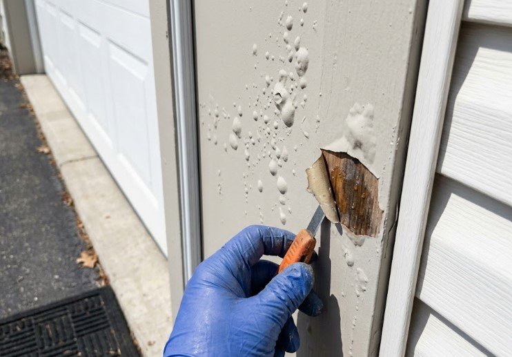 Gloved hand cutting open a paint blister on exterior door trim, showing damp bare wood underneath