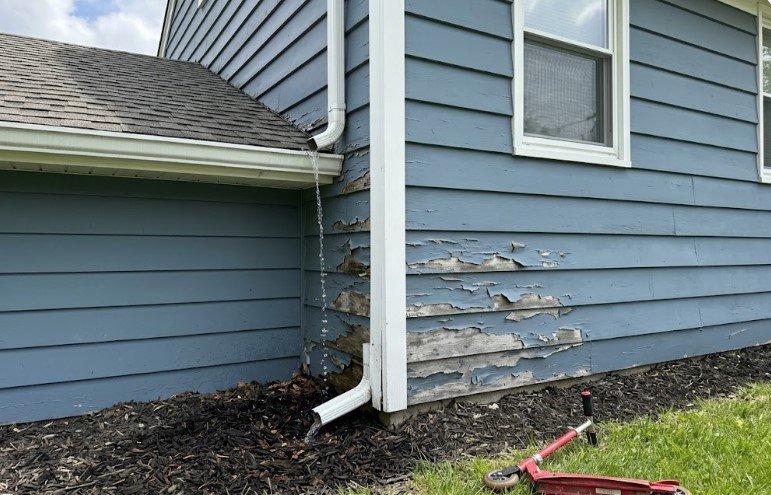 Peeling paint on blue wood lap siding beside a short downspout pouring water down the wall into mulch
