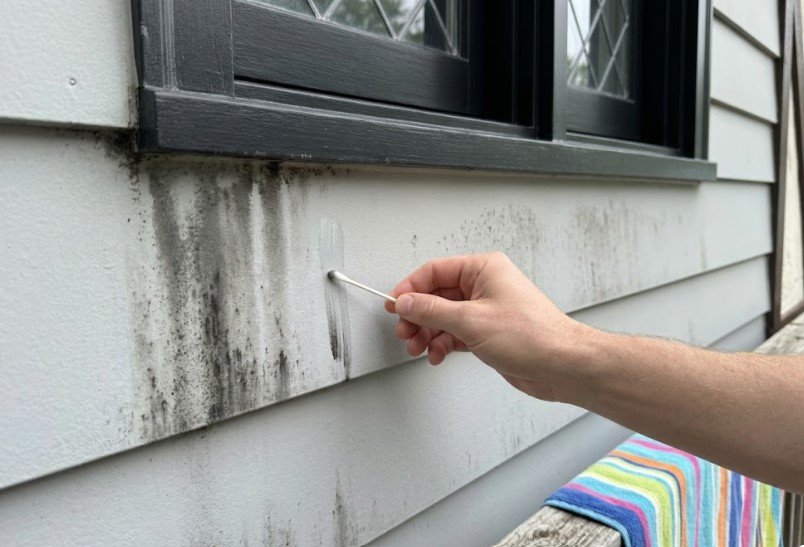 Cotton swab with diluted bleach lightening a stripe through dark mildew streaks on gray siding below a window