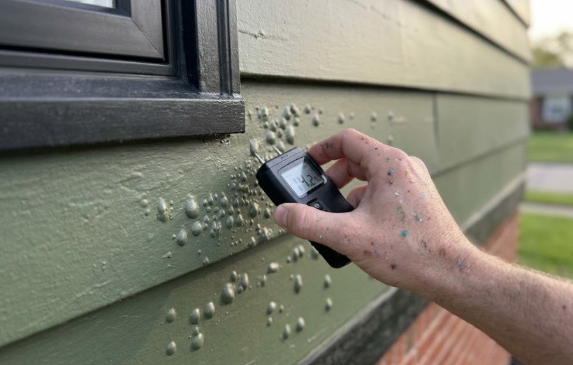 Hand holding a moisture meter reading 21.5% against a blistered siding board