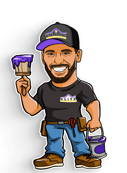 Cartoon man holding a paintbrush with purple paint, wearing "Elite" cap, t-shirt, and tool belt.
