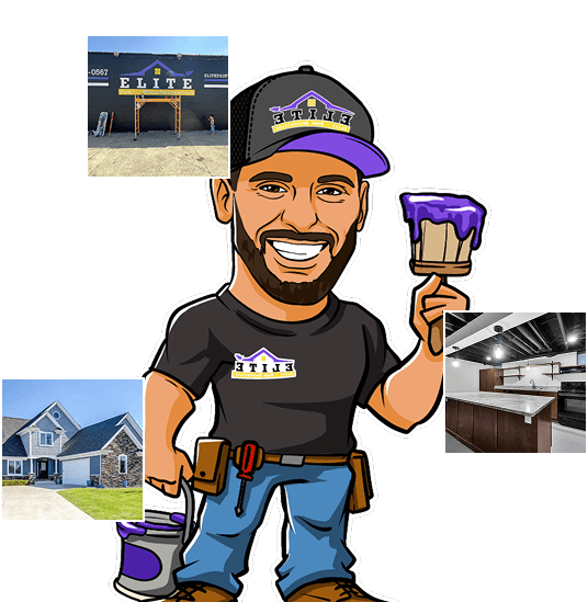 Cartoon painter with brush, cap, tool belt, surrounded by house, building, kitchen images.