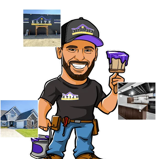Cartoon painter with brush, cap, tool belt, surrounded by house, building, kitchen images.
