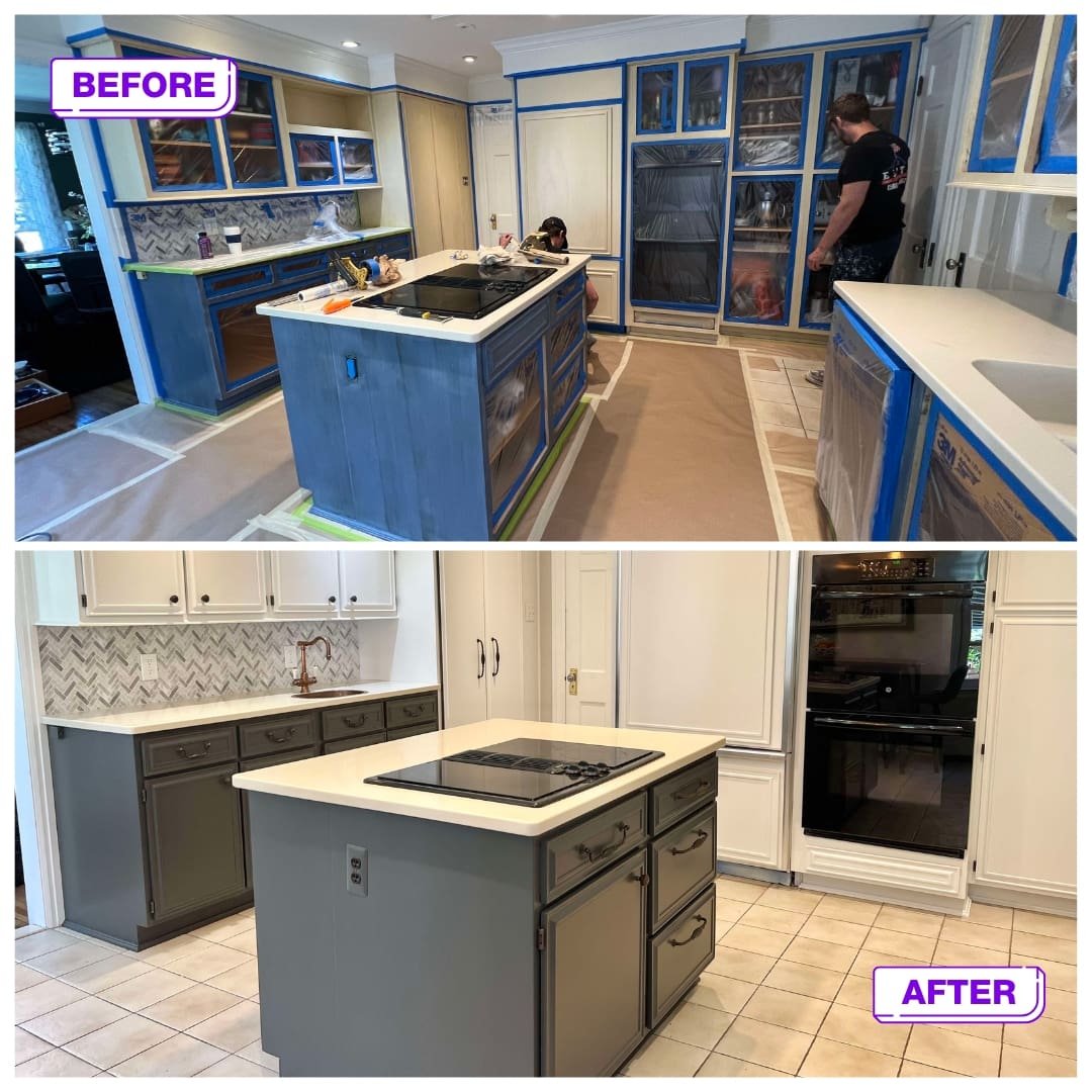 Cabinet Painting 7 a kitchen with a man in the kitchen