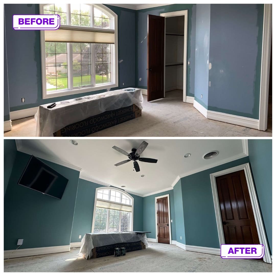 interior room with a ceiling fan and a window