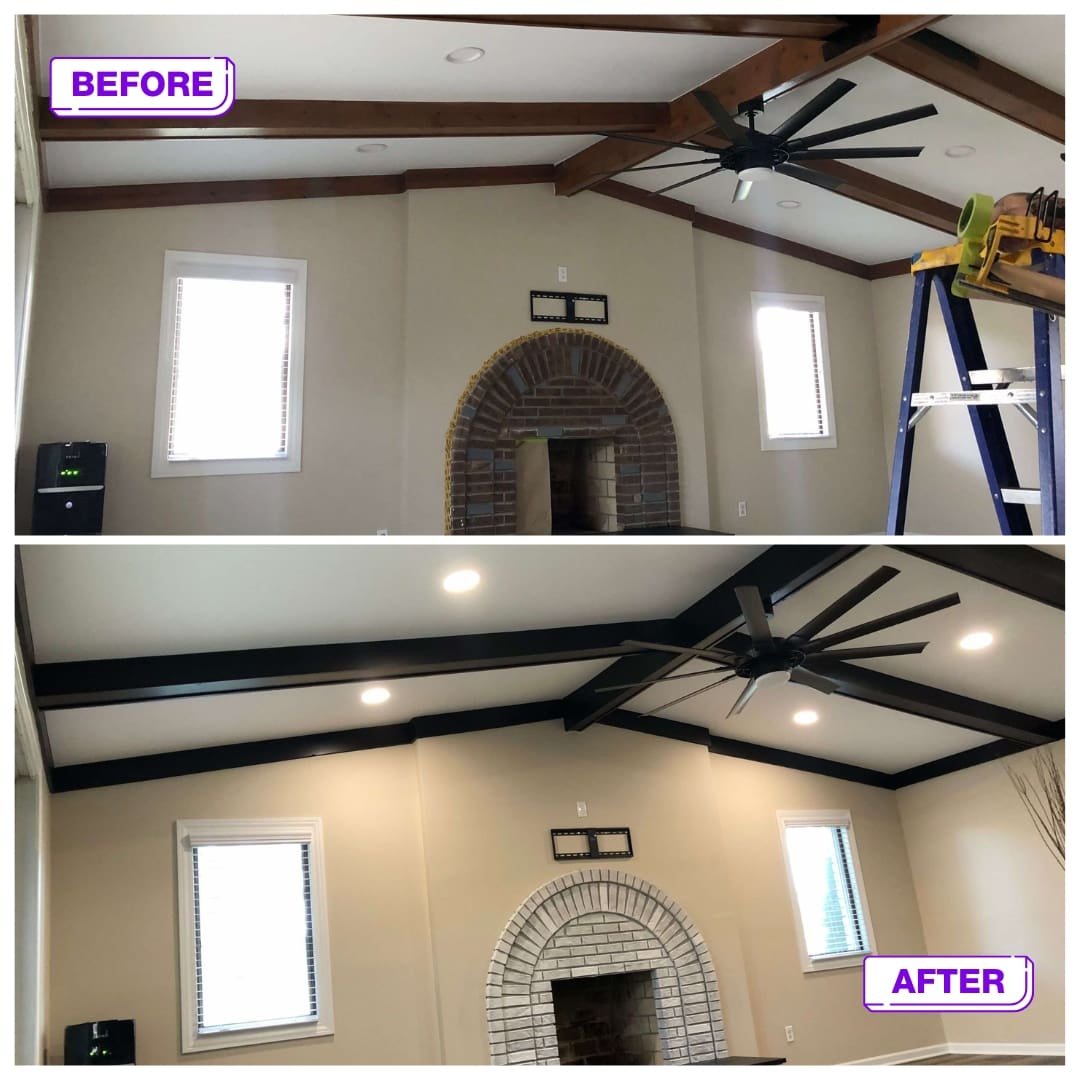 a room with a fireplace and a ladder